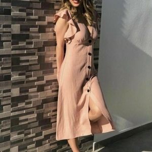 Zara Blush Pink Button Midi Dress Large